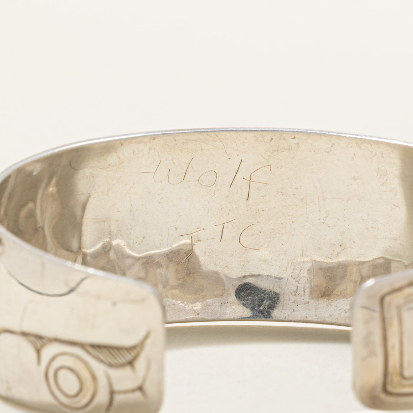Sterling Silver Indigenous Carved Wolf Cuff | 6.5"