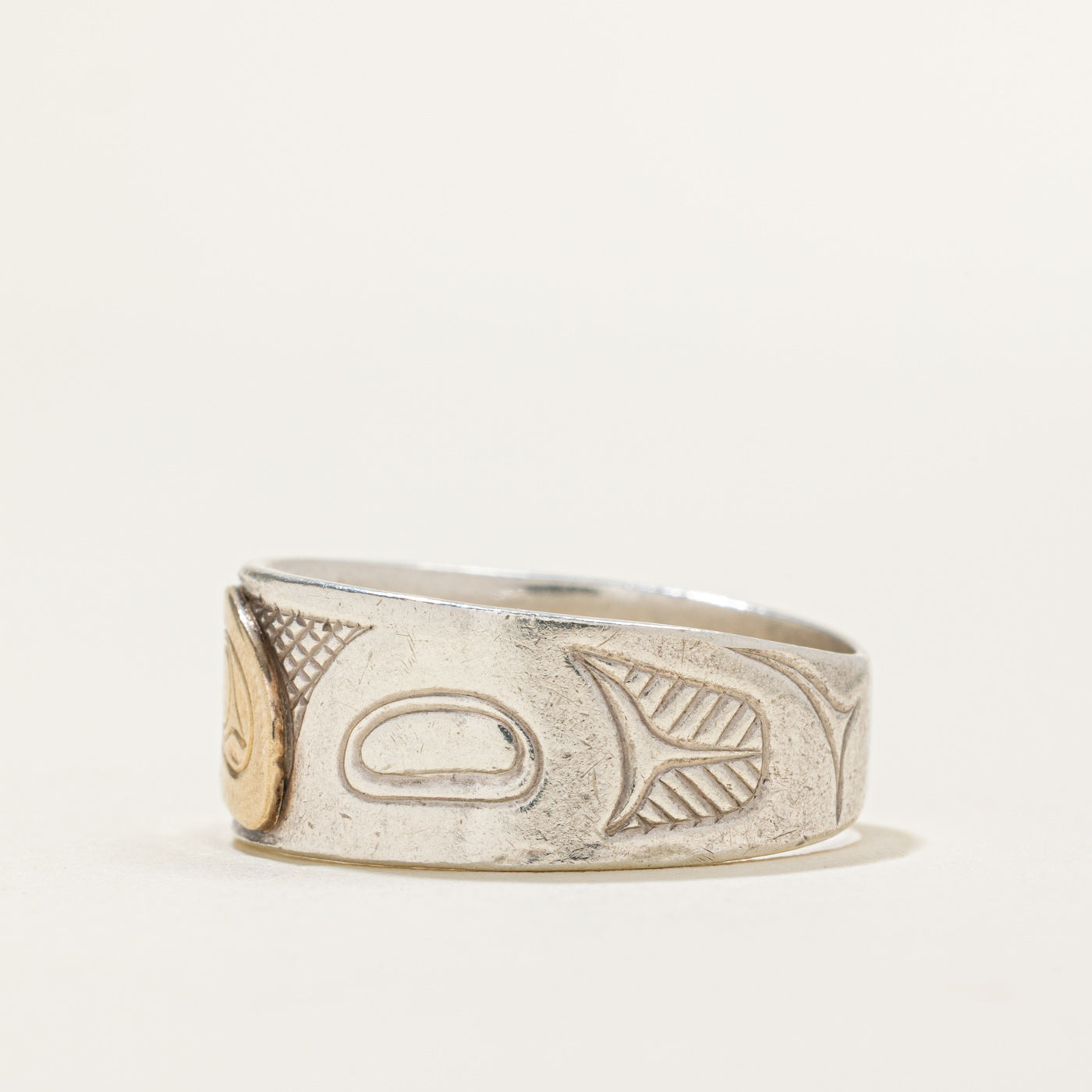 'Marvin Tallio' Sterling Silver & 14k Indigenous Carved Ring | SZ 9.25