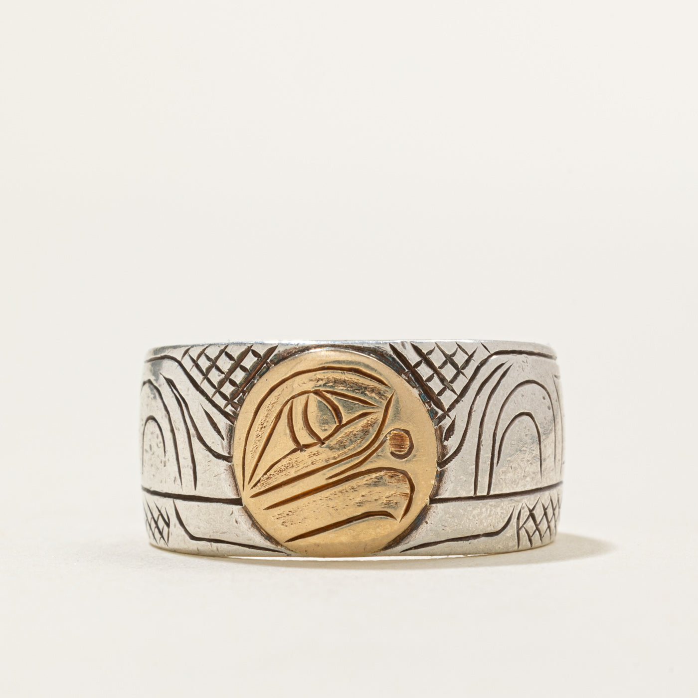 'Nancy Dawson' Sterling Silver & 14k Yellow Gold Indigenous Carved Eagle Ring | SZ 7.5