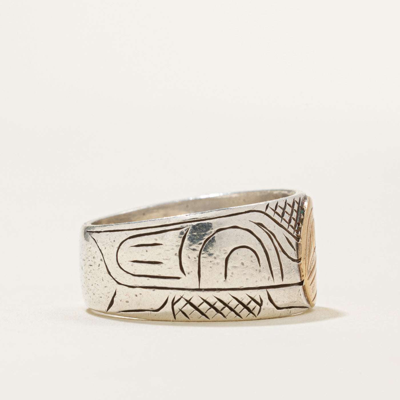 'Nancy Dawson' Sterling Silver & 14k Yellow Gold Indigenous Carved Eagle Ring | SZ 7.5