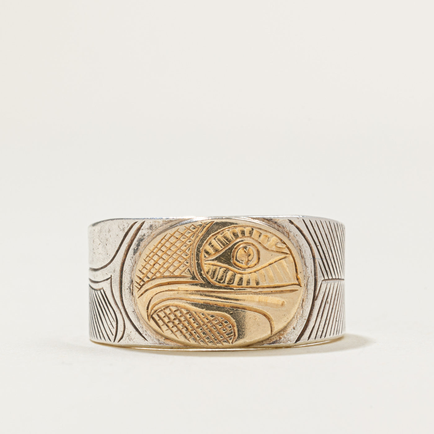 Sterling Silver & 14k Yellow Gold Indigenous Carved Eagle Ring | SZ 7.5