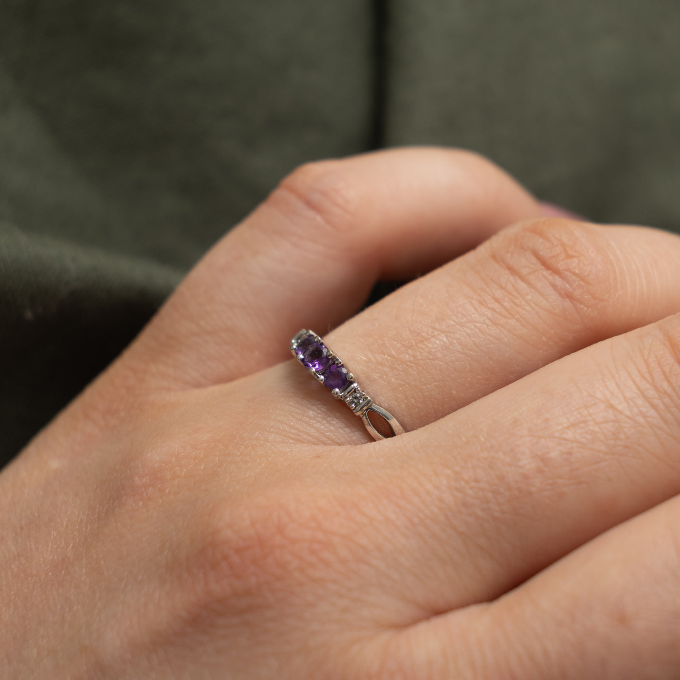 10k Three Stone Amethyst & Diamond Accented Ring | 0.20ctw, 0.02ctw | SZ 6.5