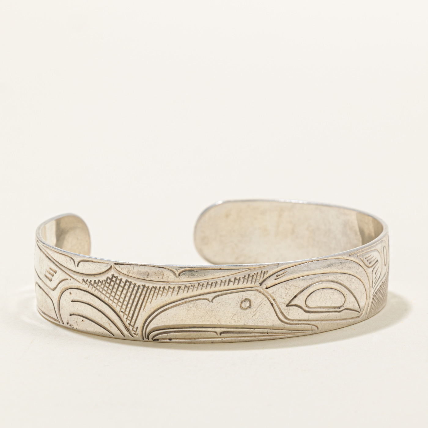 Sterling Silver Indigenous Carved Raven Cuff | 6"