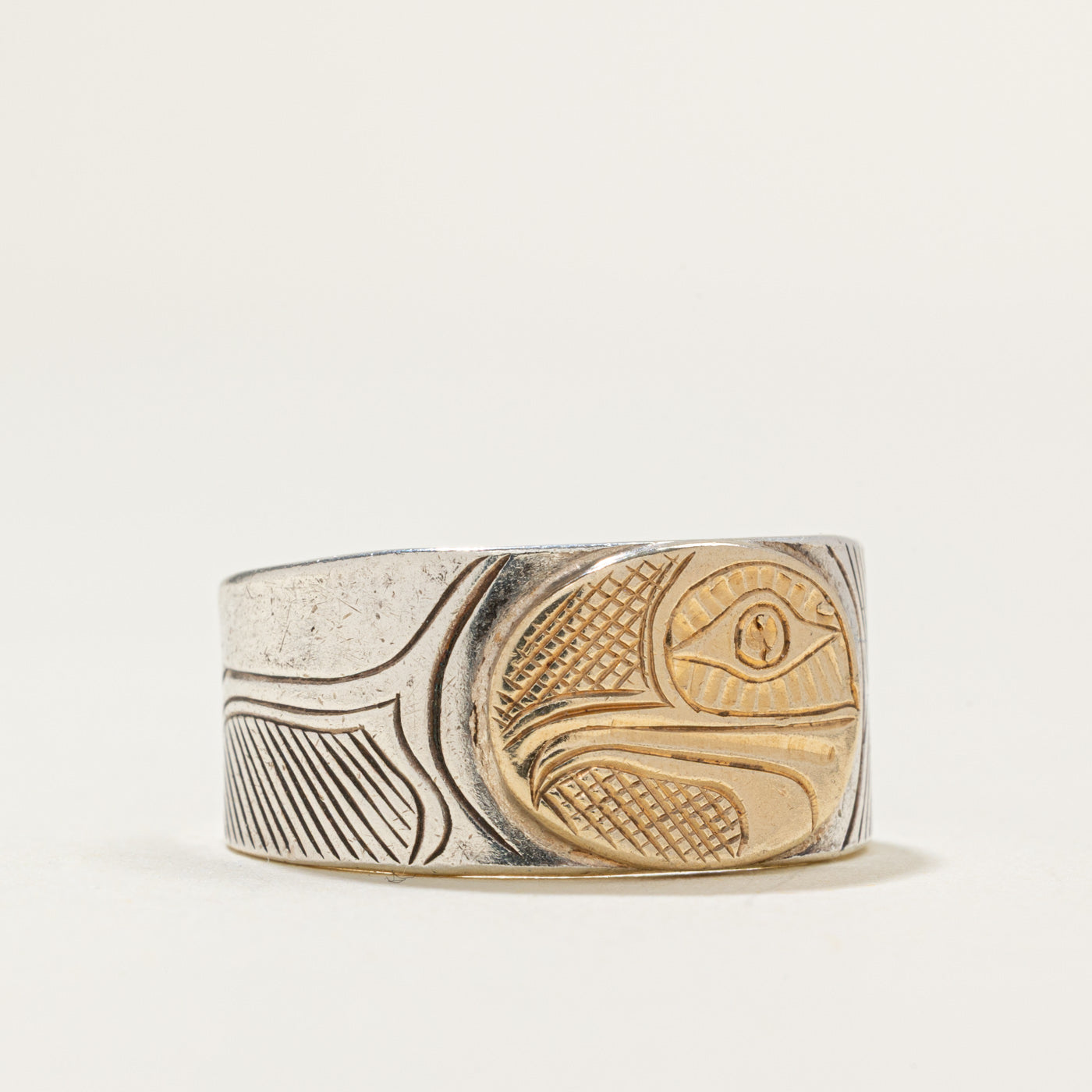 Sterling Silver & 14k Yellow Gold Indigenous Carved Eagle Ring | SZ 7.5