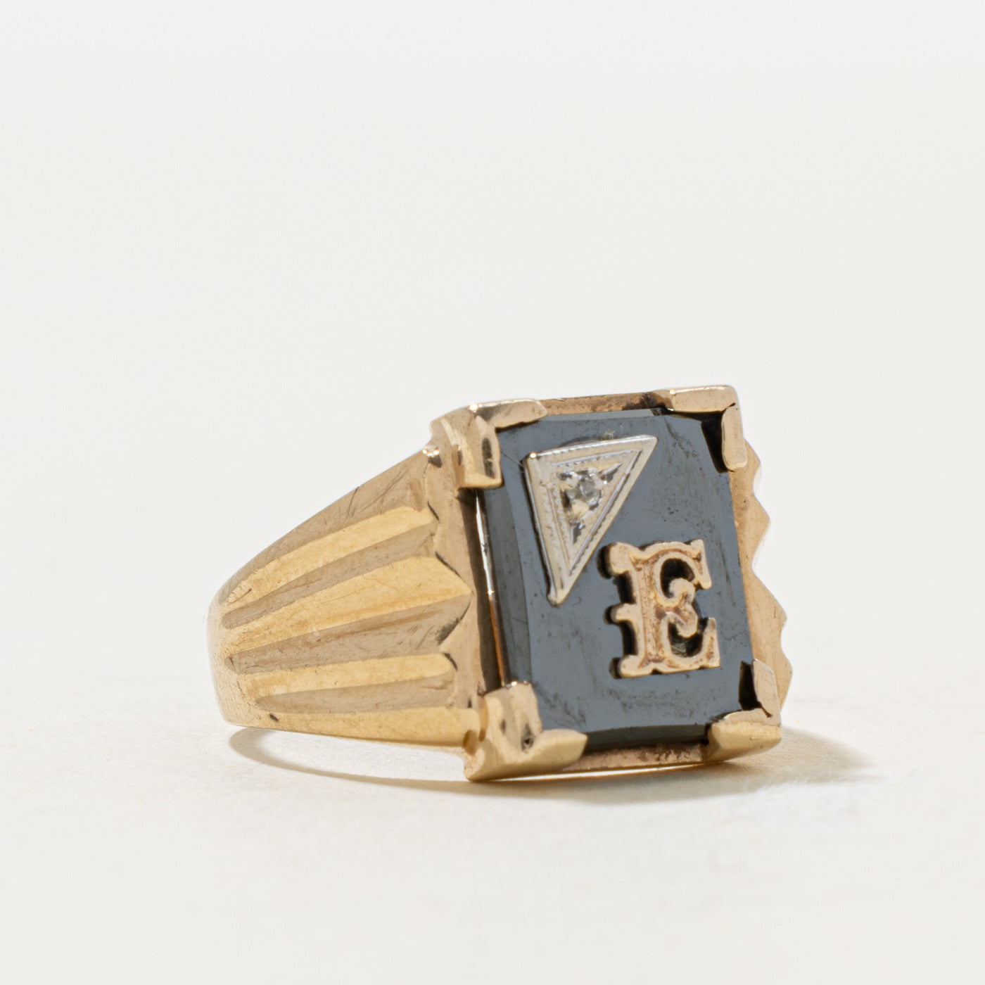 10k Hematite & Diamond "E" Initial Signet Ring | 4.00ct, 0.004ctw | SZ 8.75