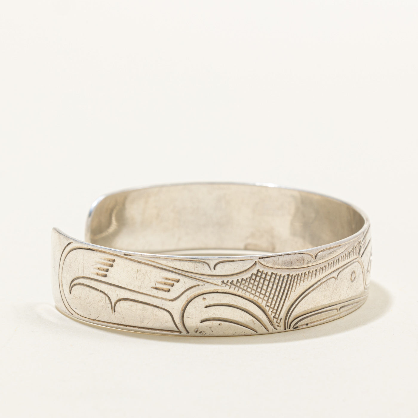 Sterling Silver Indigenous Carved Raven Cuff | 6"