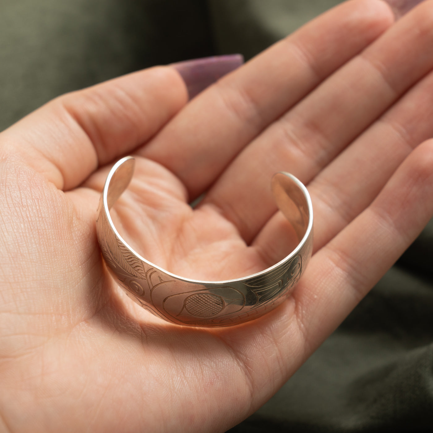 Sterling Silver Indigenous Carved Wolf Cuff | 4.5"