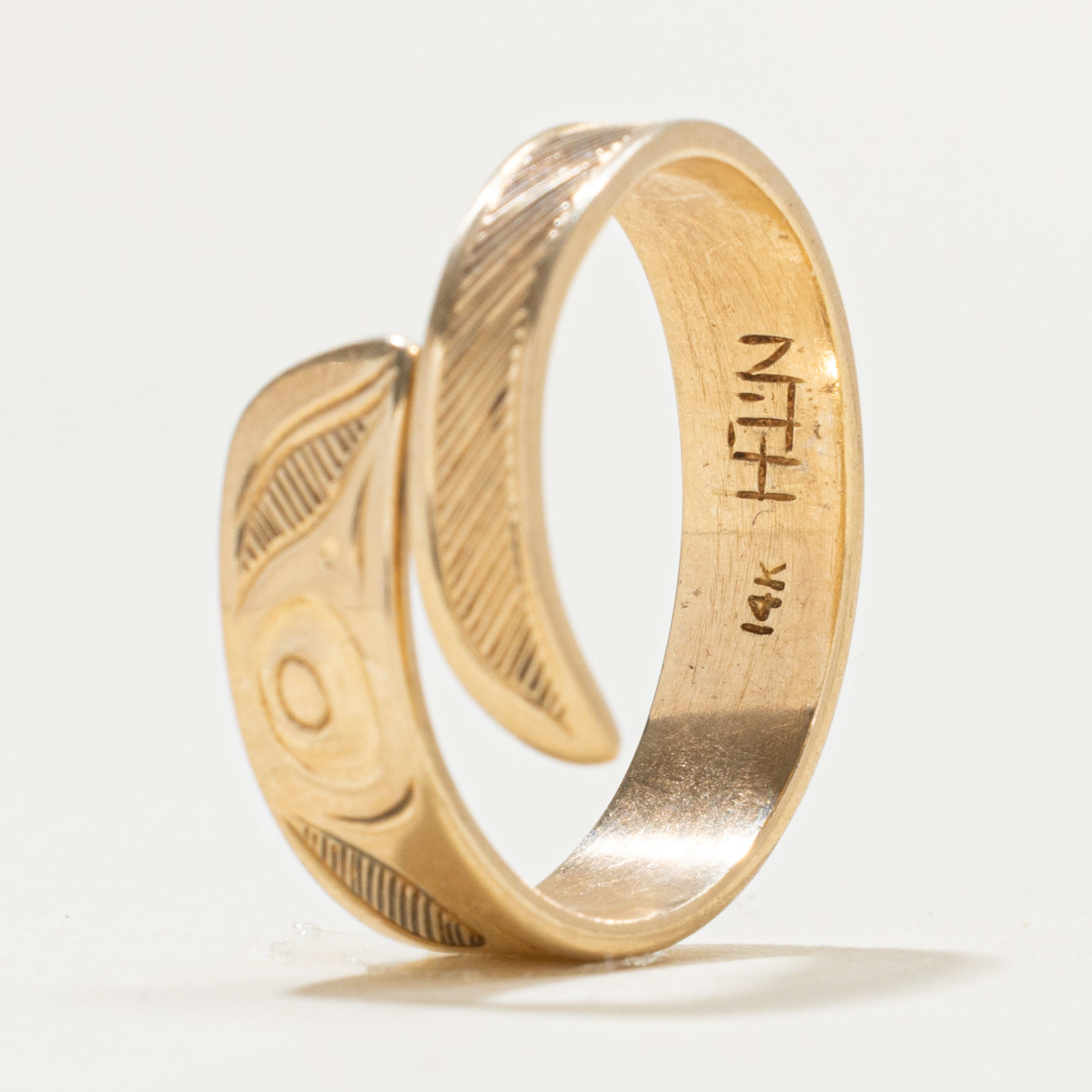 'Bill Helin' 14k Yellow Gold Indigenous Carved Raven Bypass Ring | SZ 6.5
