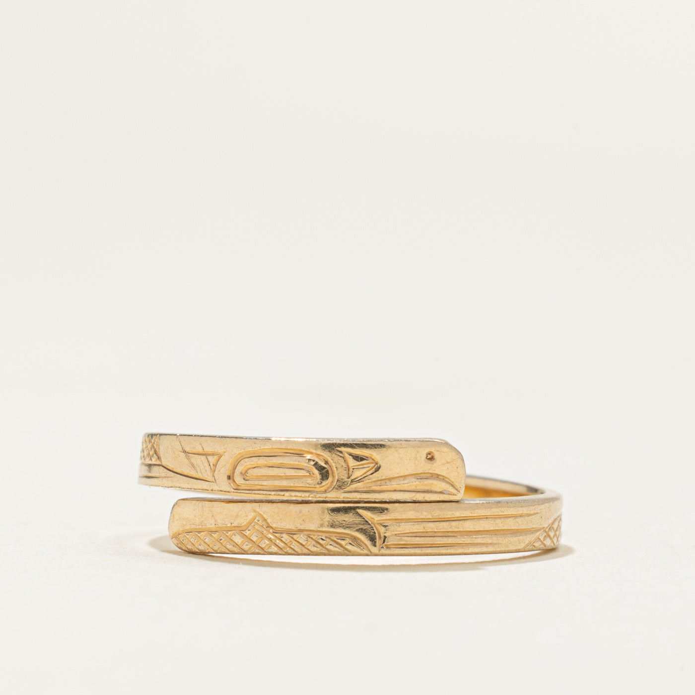 14k Yellow Gold Indigenous Carved Eagle Bypass Ring | SZ 4.25