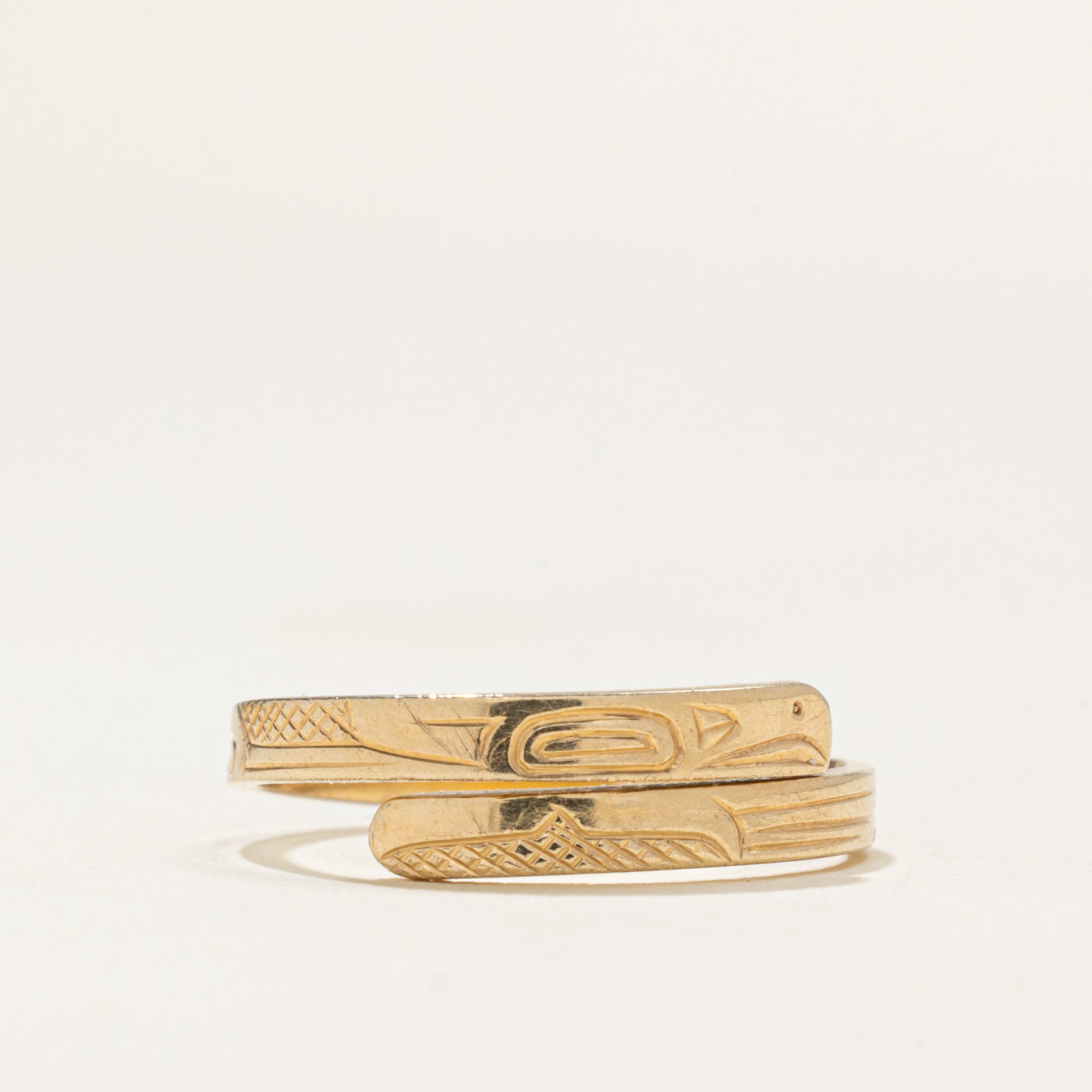 14k Yellow Gold Indigenous Carved Eagle Bypass Ring | SZ 4.25
