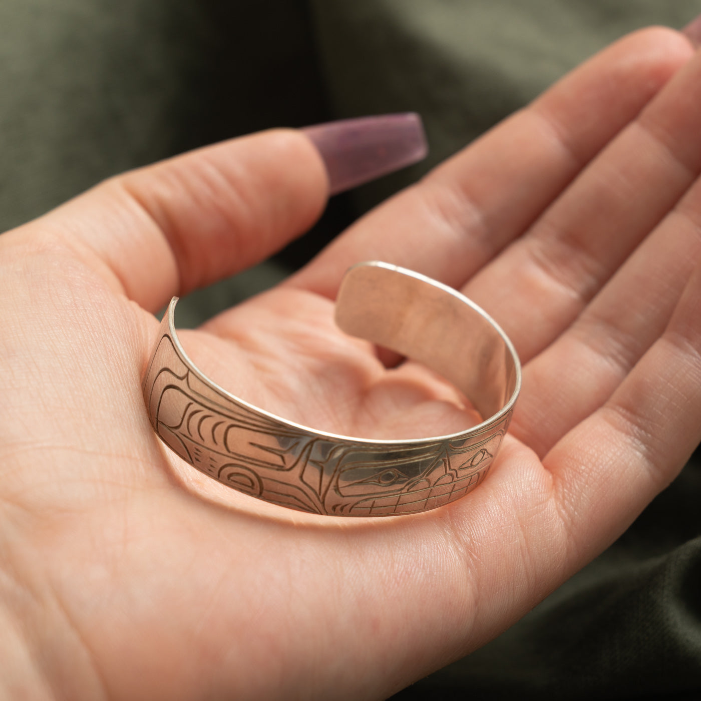 Sterling Silver Indigenous Carved Orca Cuff | 4.5"