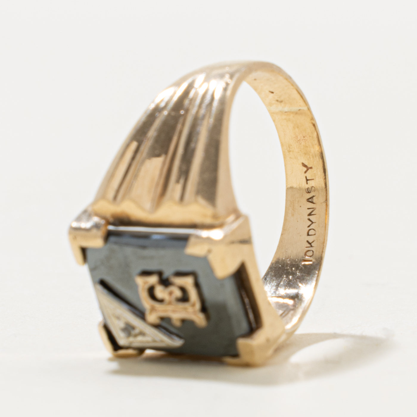 10k Hematite & Diamond "E" Initial Signet Ring | 4.00ct, 0.004ctw | SZ 8.75