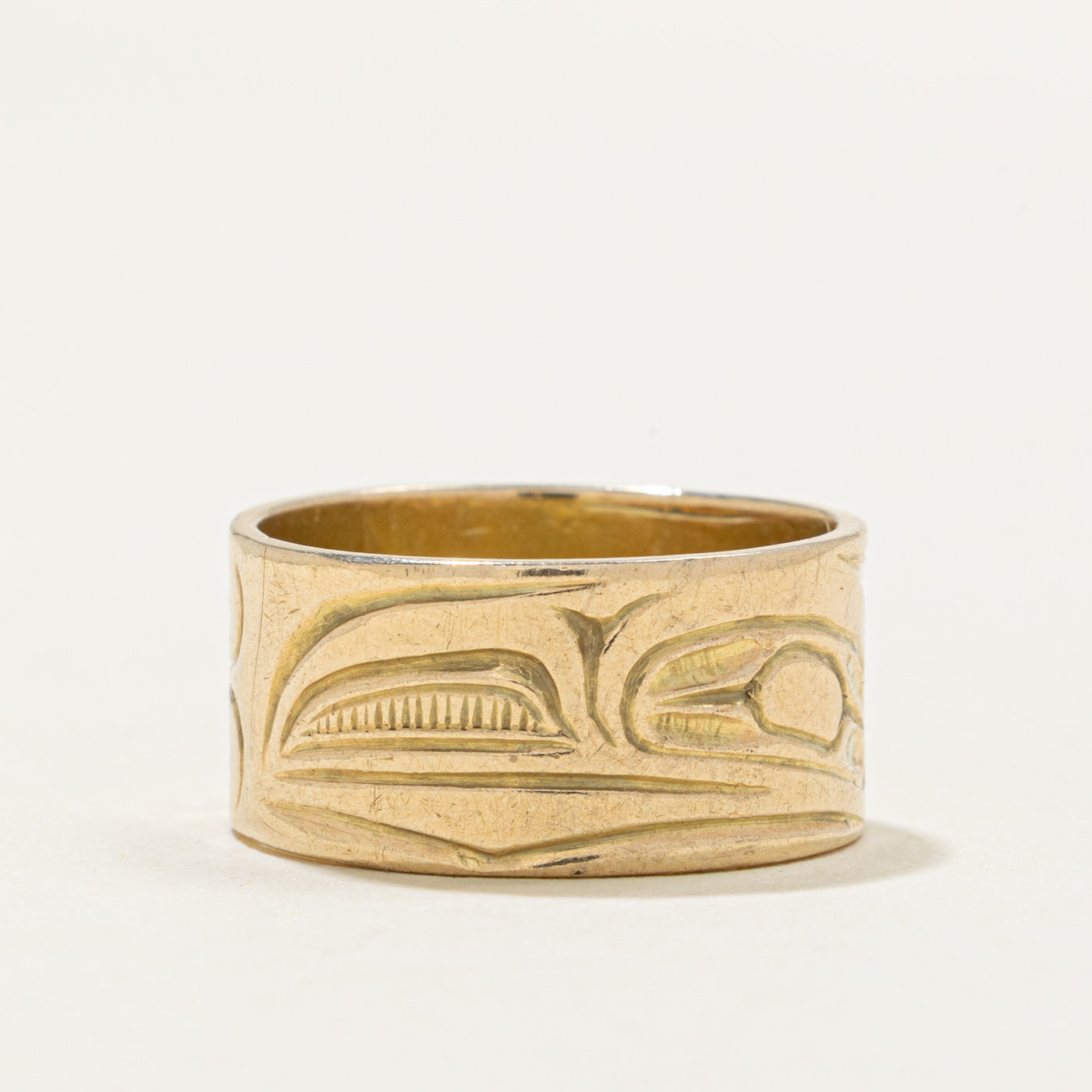 14k Yellow Gold Indigenous Carved Raven Ring | SZ 7.25