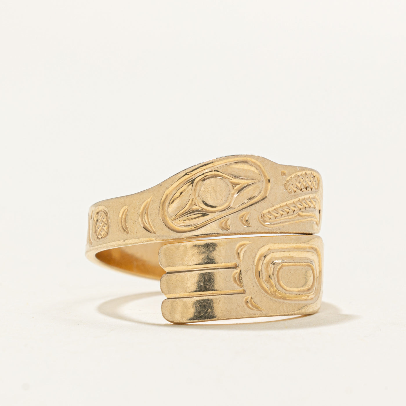 14k Yellow Gold Indigenous Carved Raven Bypass Ring | SZ 9.0