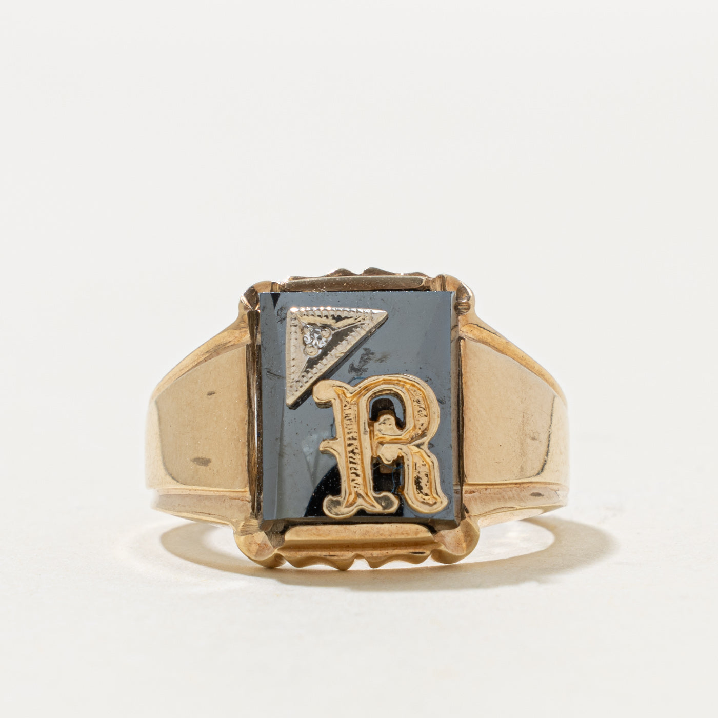 10k Hematite & Diamond "R" Initial Signet Ring | 4.00ct, 0.003ctw | SZ 8.75
