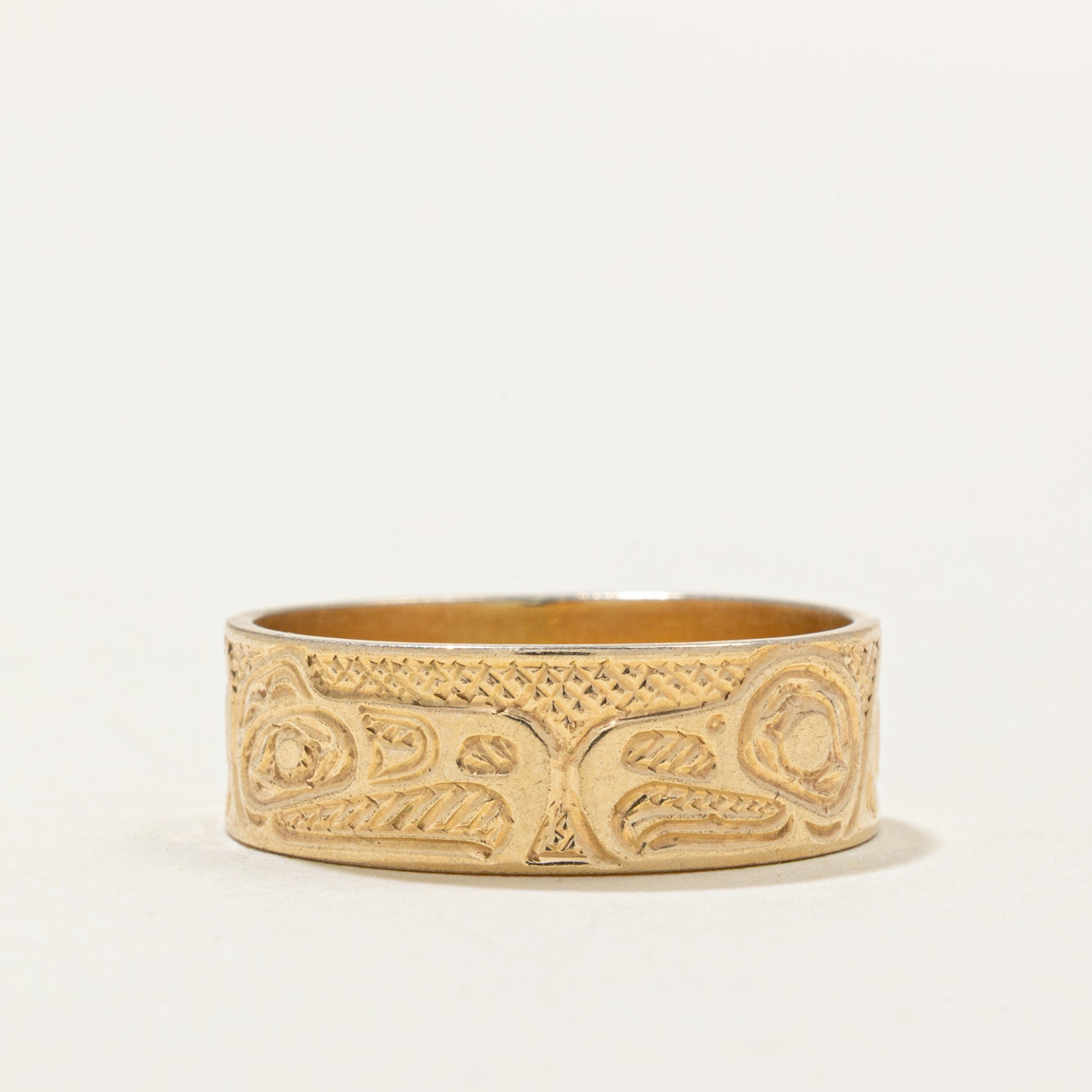 14k Yellow Gold Indigenous Carved Eagle & Raven Split Design Ring | SZ 9.0