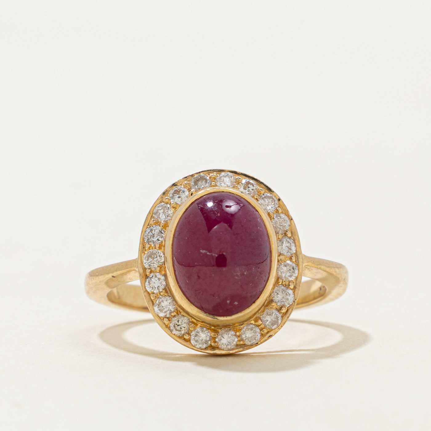 18k Oval Cabochon Ruby & Diamond Halo Ring | 3.80ct, 0.35ctw | SZ 6.5