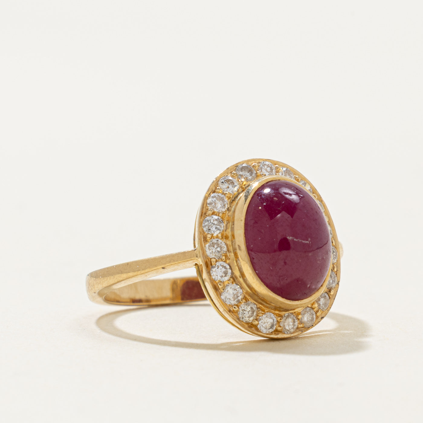 18k Oval Cabochon Ruby & Diamond Halo Ring | 3.80ct, 0.35ctw | SZ 6.5