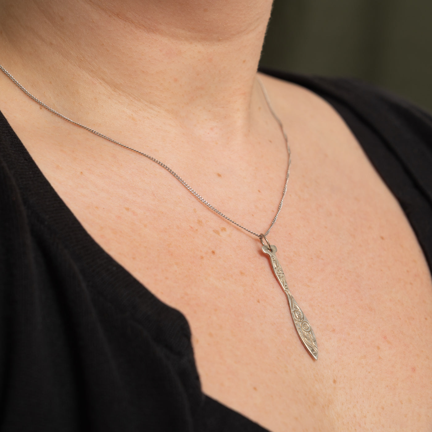 Sterling Silver Indigenous Carved Paddle Pendant