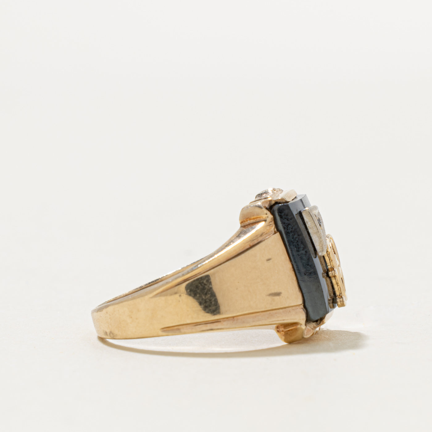 10k Hematite & Diamond "R" Initial Signet Ring | 4.00ct, 0.003ctw | SZ 8.75
