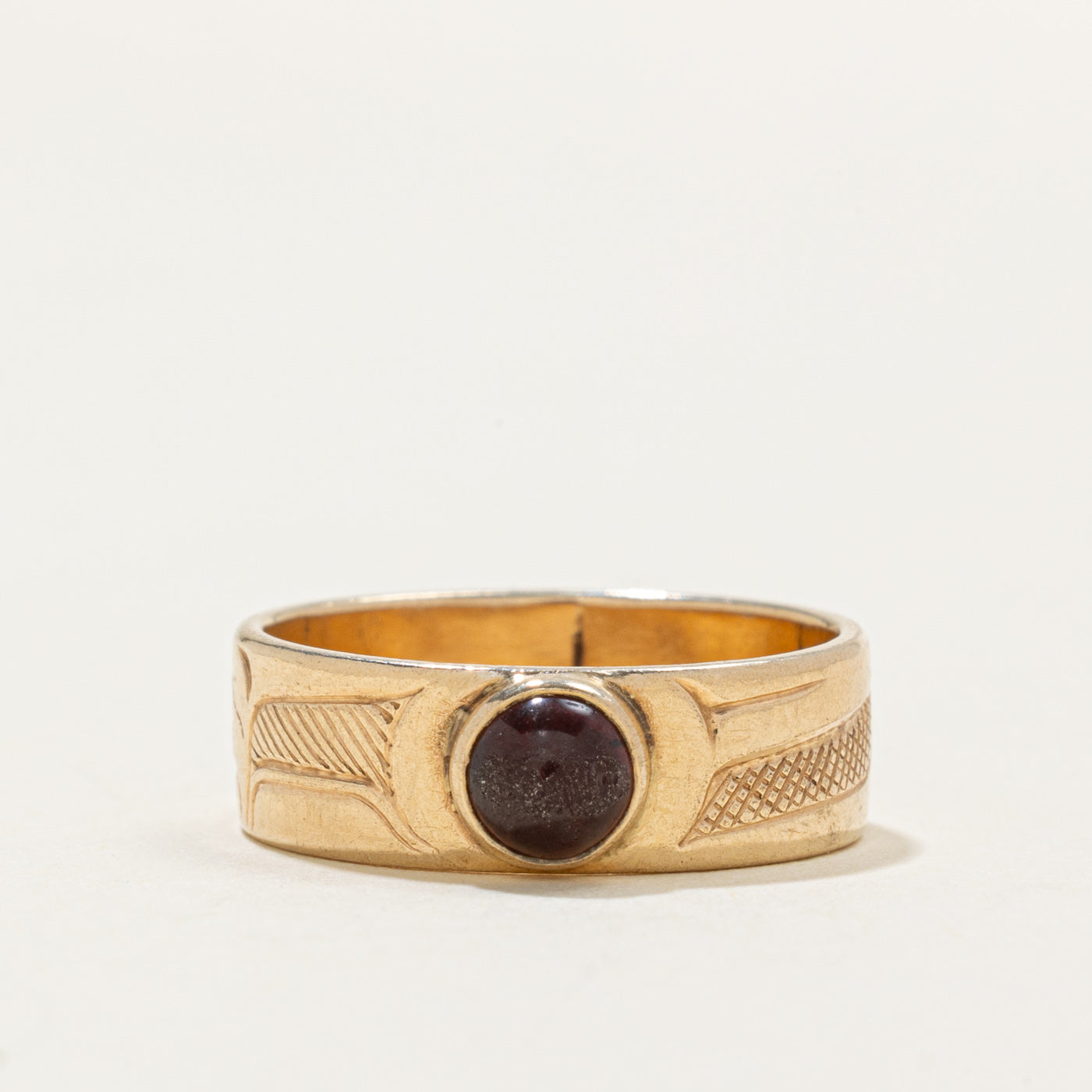 Bezel Set Garnet Indigenous Carved Eagle Ring | 0.5ct | SZ 7.25