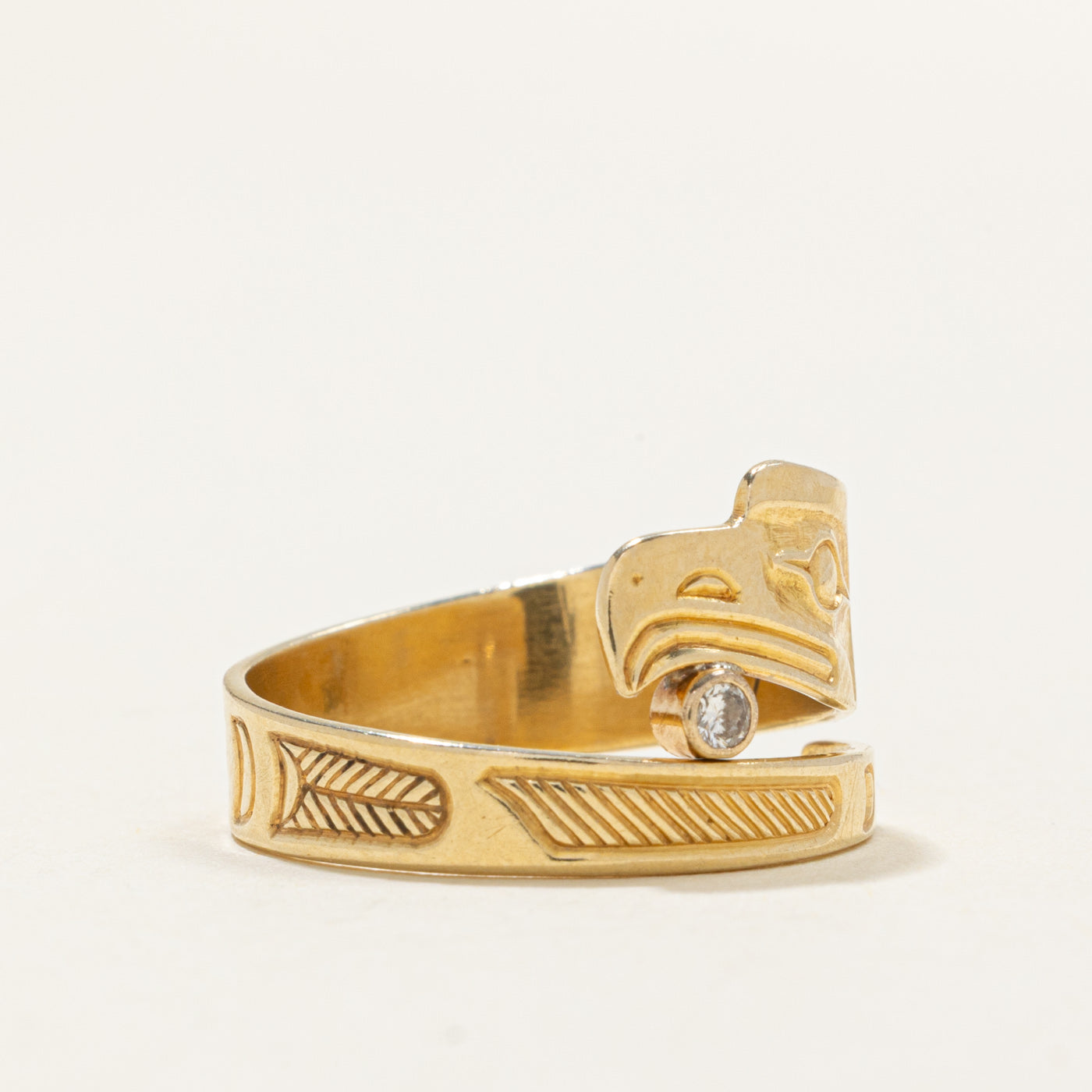 18k Diamond Indigenous Carved Eagle Bypass Ring | 0.05ct | SZ 8.5