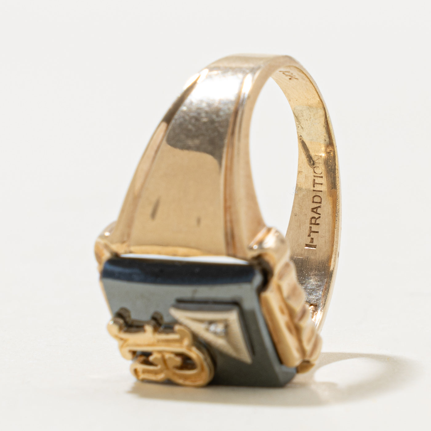 10k Hematite & Diamond "R" Initial Signet Ring | 4.00ct, 0.003ctw | SZ 8.75