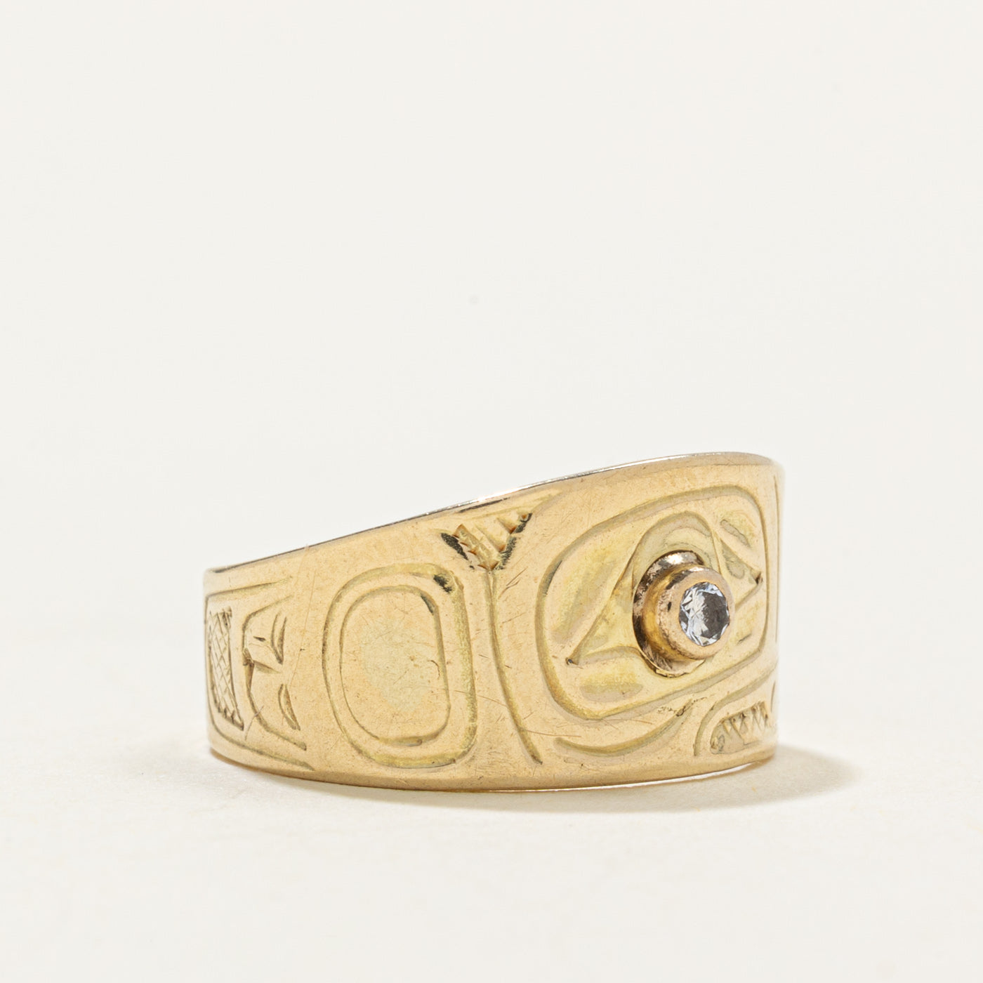 Bezel Set Diamond Indigenous Carved Eagle Ring | 0.03ct | SZ 5.25