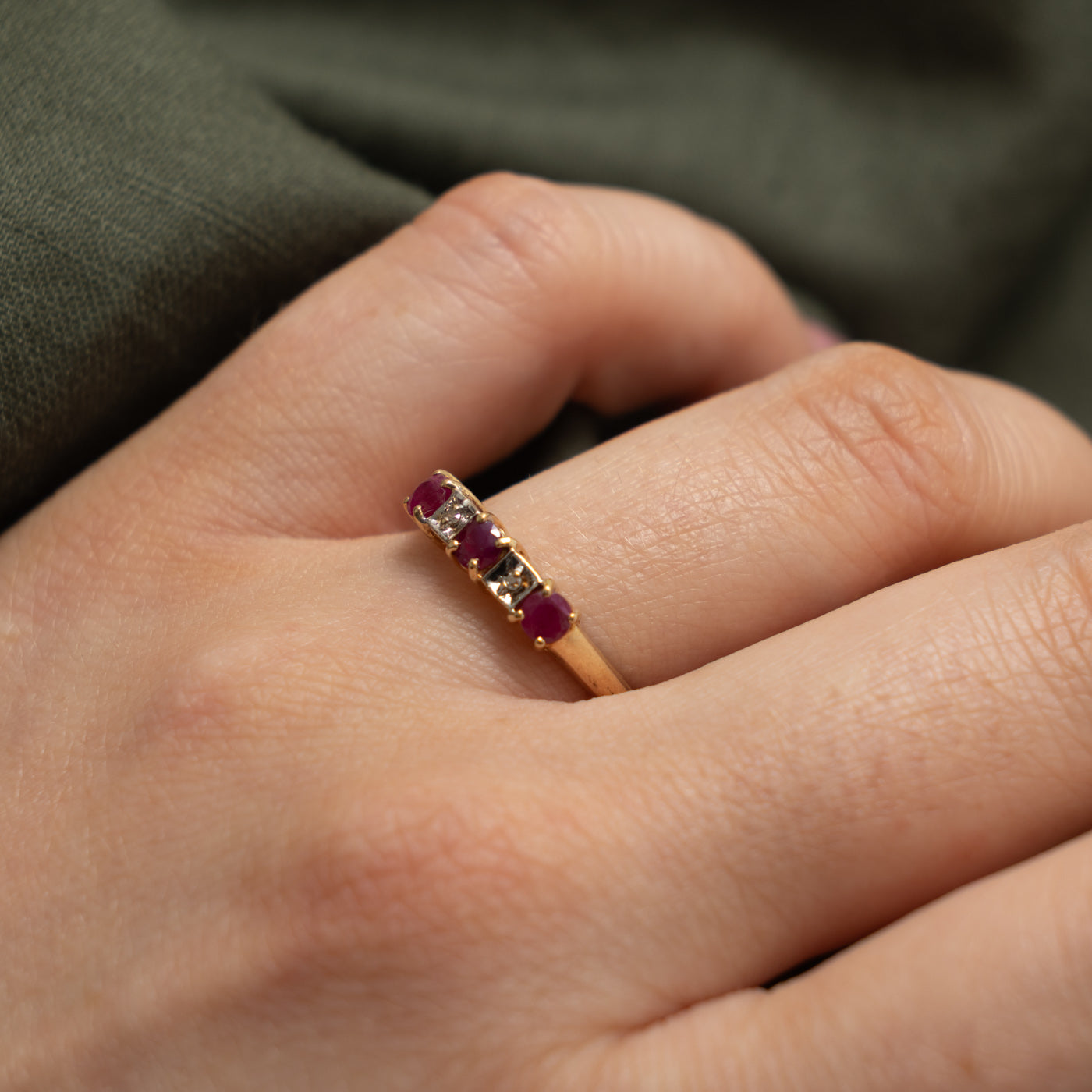 10k Five Stone Ruby & Diamond Band | 0.35ctw, 0.004ctw | SZ 7