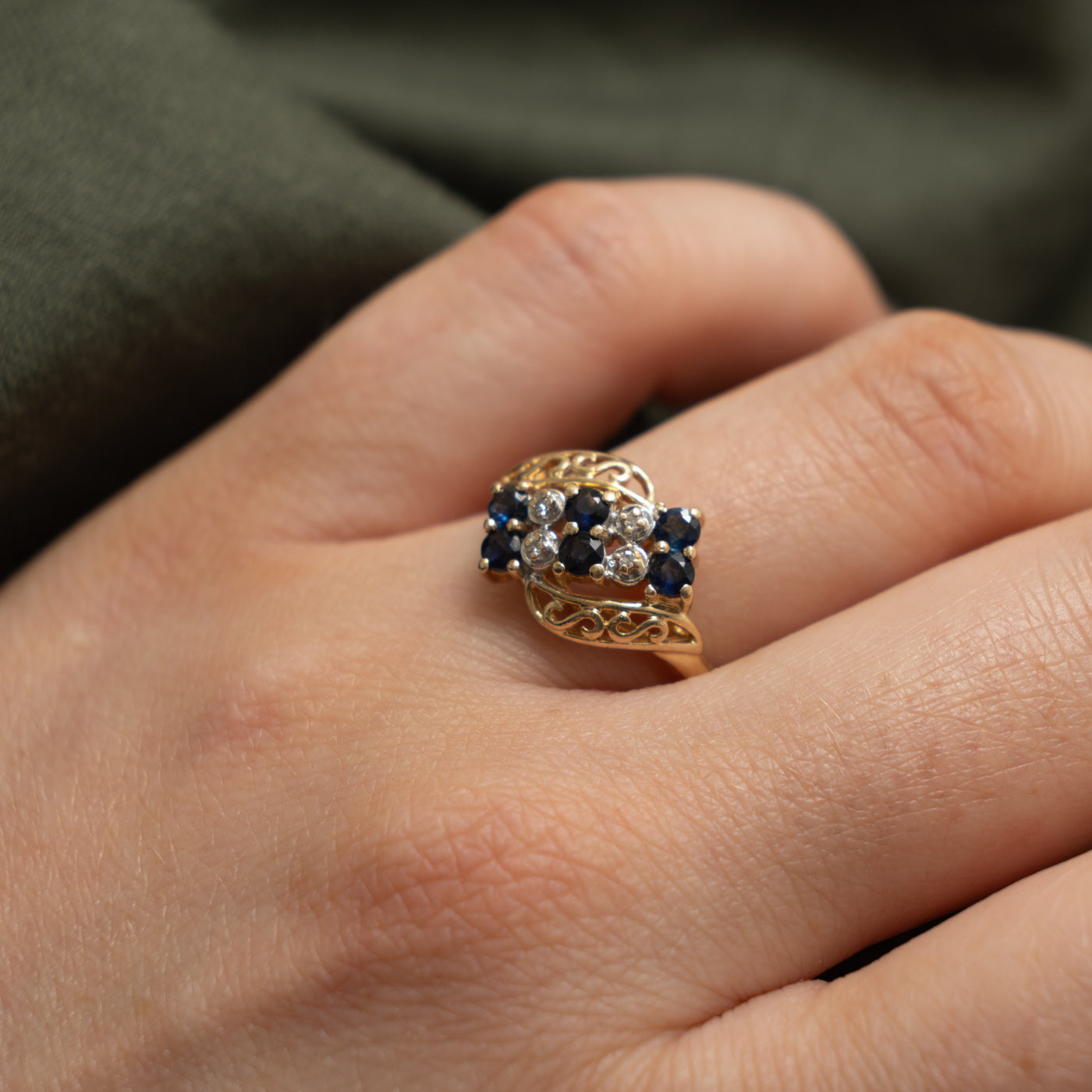 10k Multi Row Sapphire & Diamond Ornate Bypass Ring | 0.35ctw, 0.01ctw | SZ 7.5