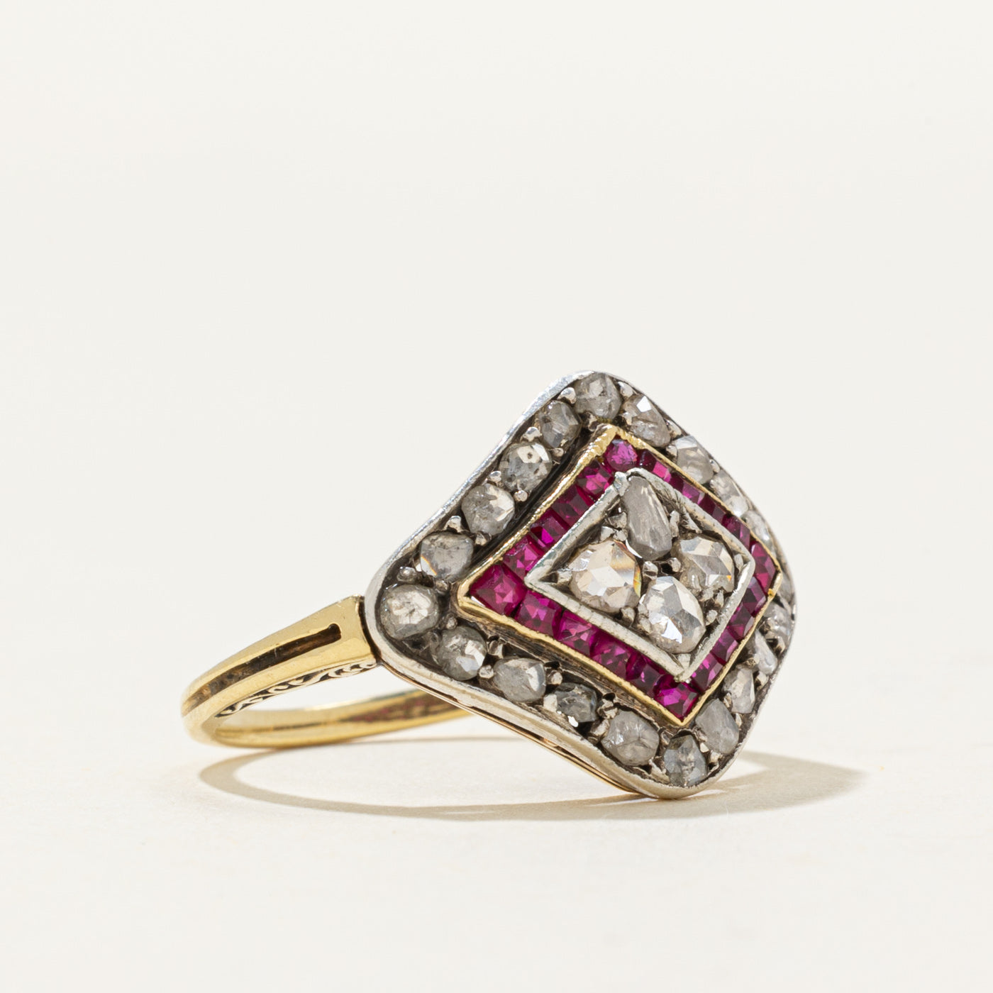 Antique Synthetic Ruby & Rose Cut Diamond Halo Cocktail Ring | 0.30ctw, 0.30ctw | SZ 5.75