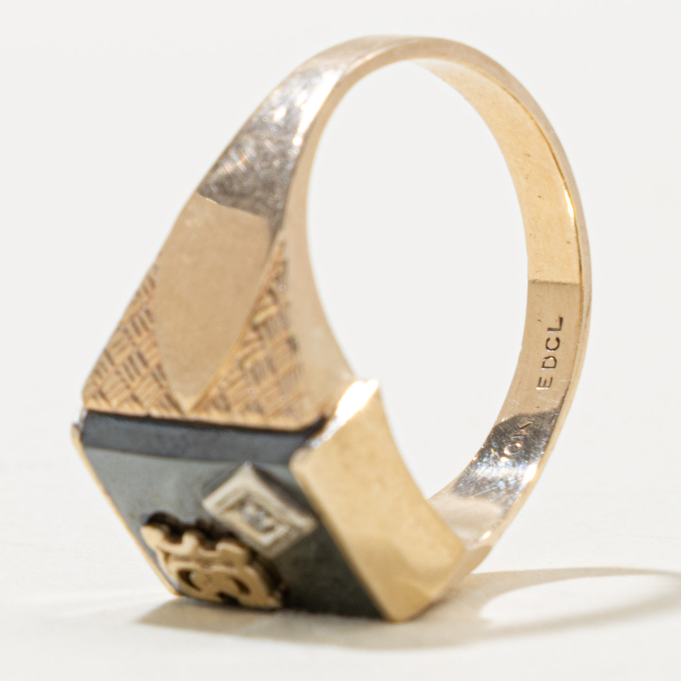 10k Hematite & Diamond "E" Initial Signet Ring | 3.90ct, 0.003ctw | SZ 10.25