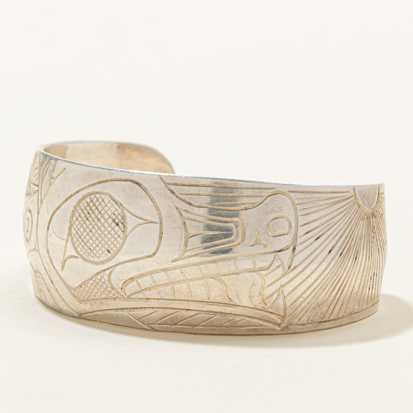 Sterling Silver Indigenous Carved Wolf Cuff | 4.5"