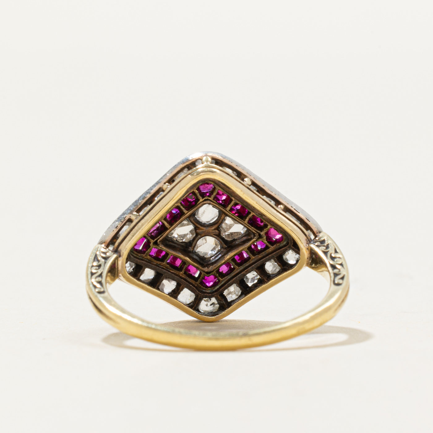 Antique Synthetic Ruby & Rose Cut Diamond Halo Cocktail Ring | 0.30ctw, 0.30ctw | SZ 5.75