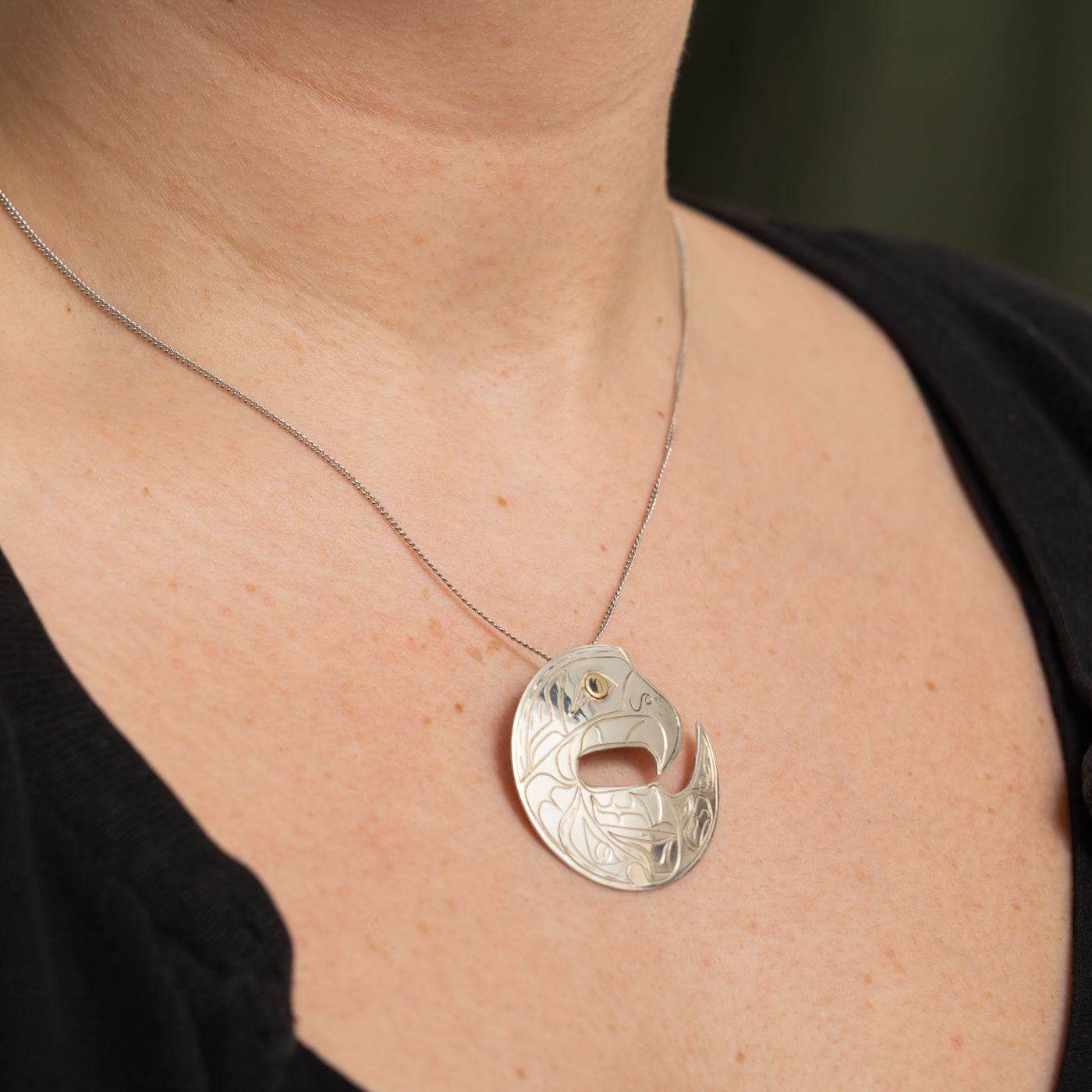 Sterling Silver & 14K Gold Indigenous Carved Eagle Pendant