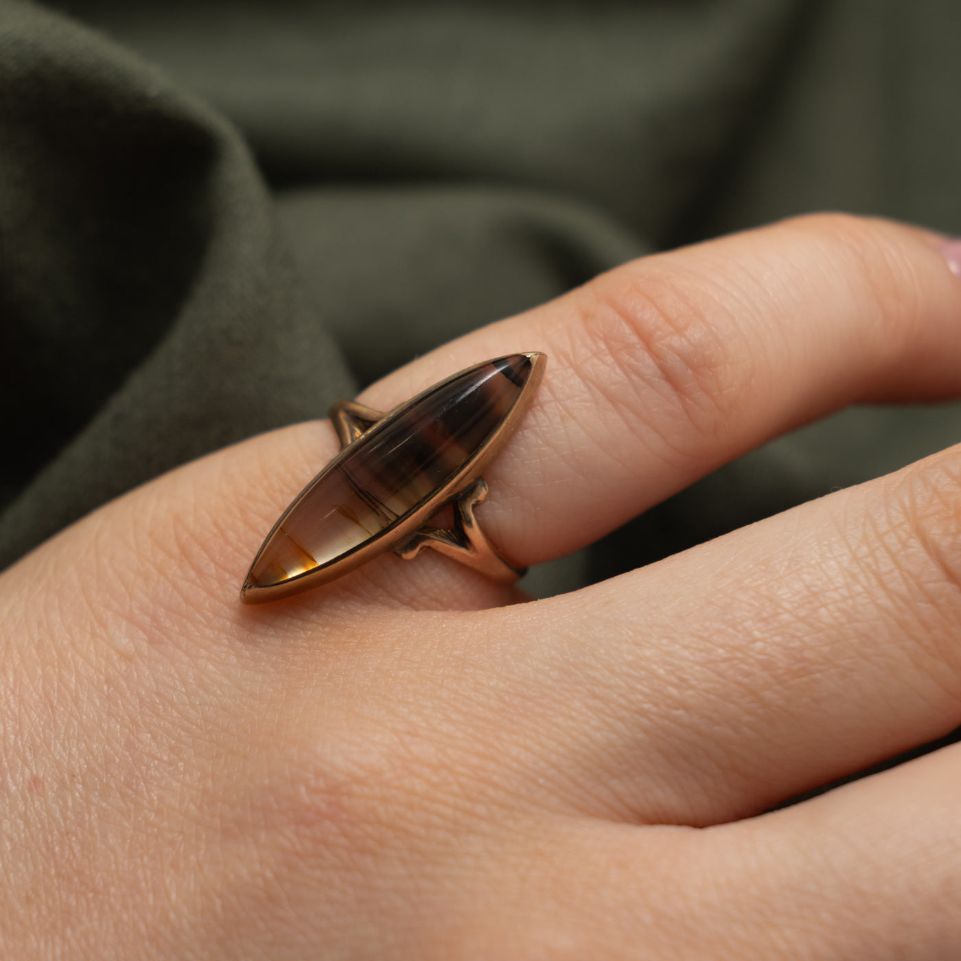 10k Marquise Cabochon Cut Agate Ring | 2.40ct | SZ 4.25