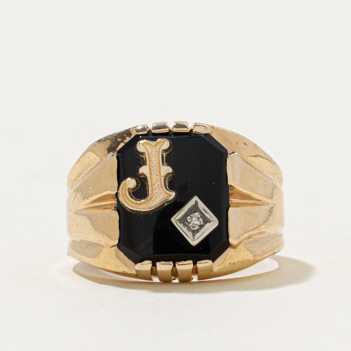 10k Onyx & Diamond "J" Initial Signet Ring | 1.80ct, 0.003ctw | SZ 7.75