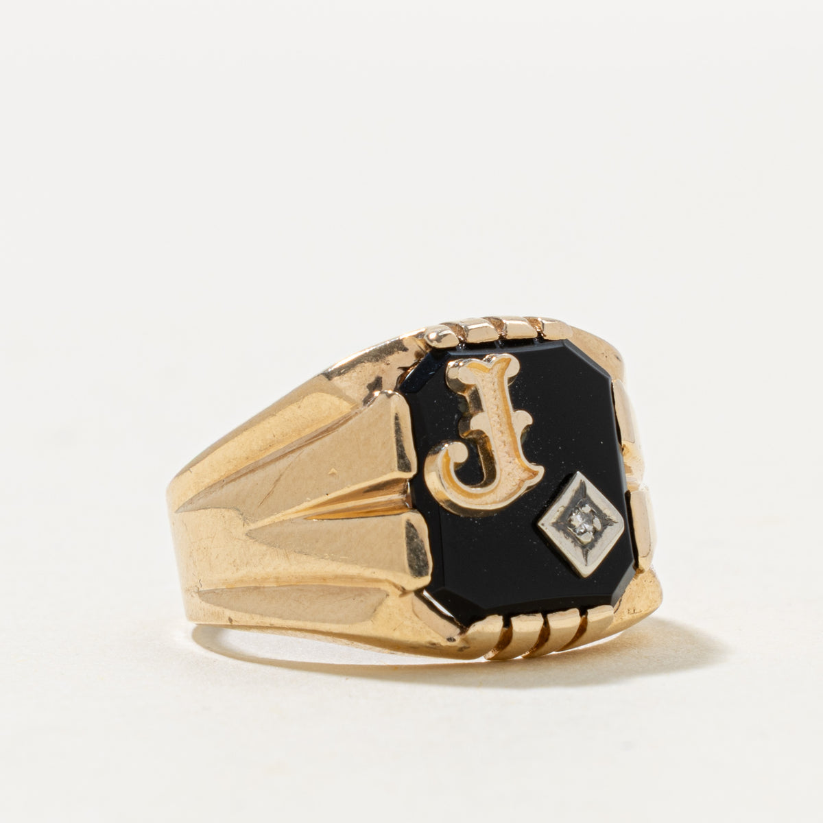 10k Onyx & Diamond "J" Initial Signet Ring | 1.80ct, 0.003ctw | SZ 7.75