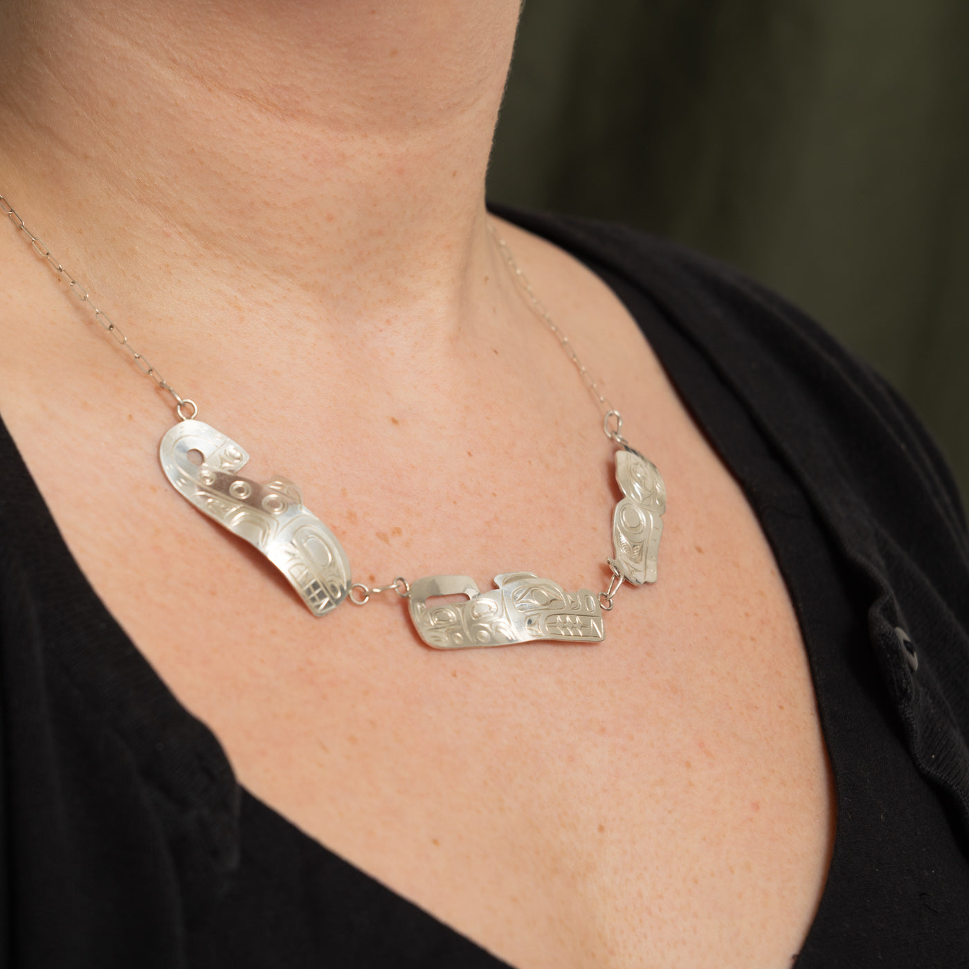 Sterling Silver Indigenous Carved Eagle & Wolf & Orca Necklace