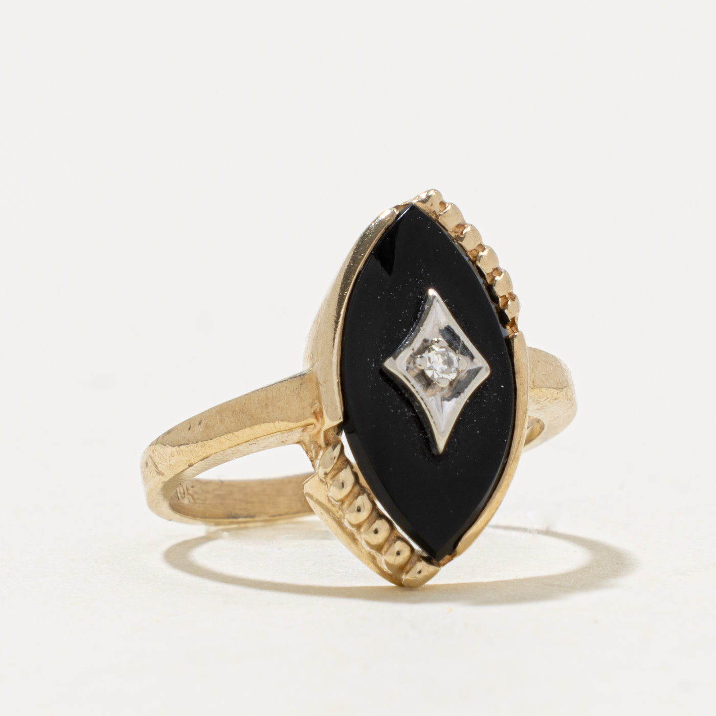 10k Marquise Onyx & Diamond Navette Ring | 1.30ct, 0.01ctw | SZ 6.5