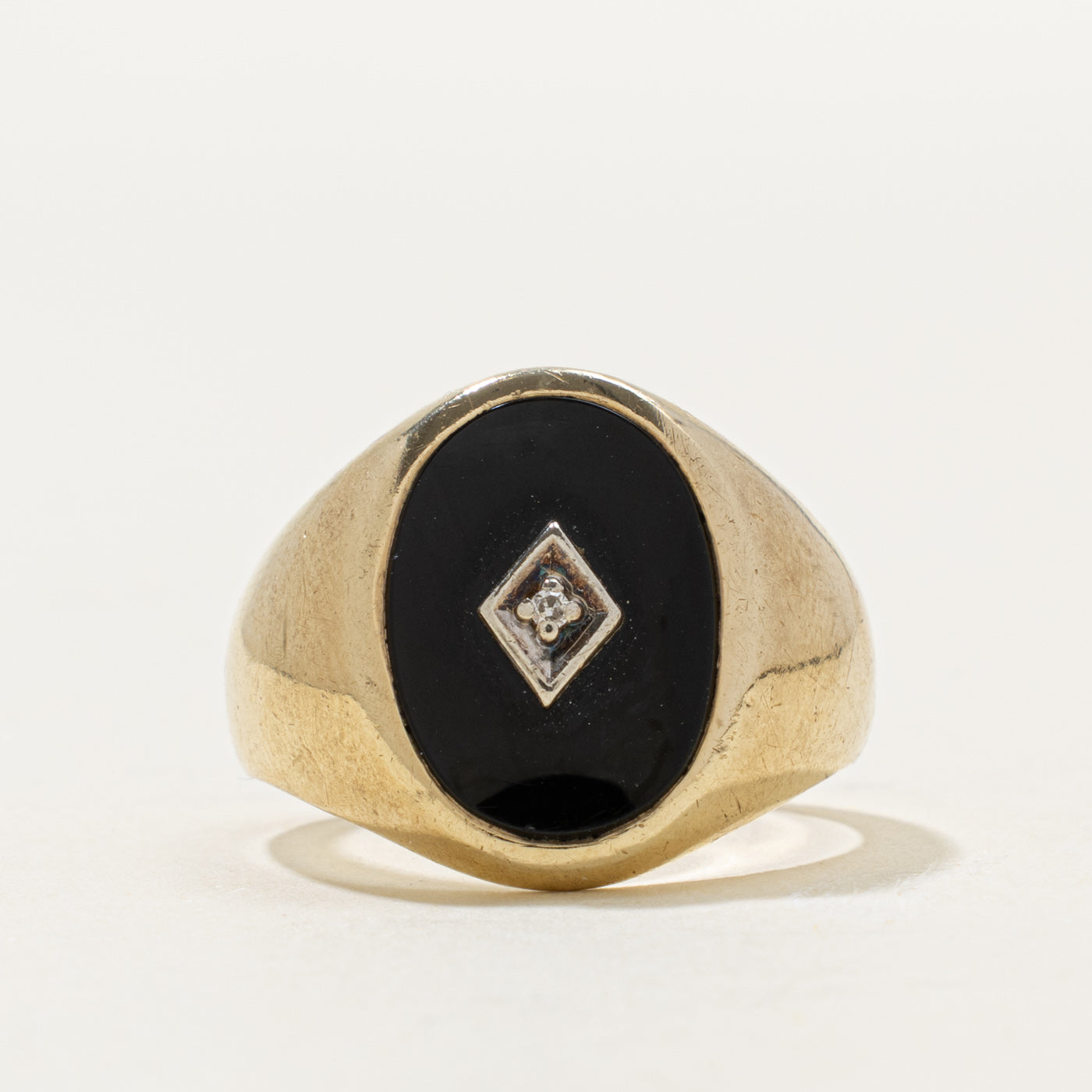 10k Oval Onyx & Diamond Accented Signet Ring | 3.50ct, 0.01ctw | SZ 10.25