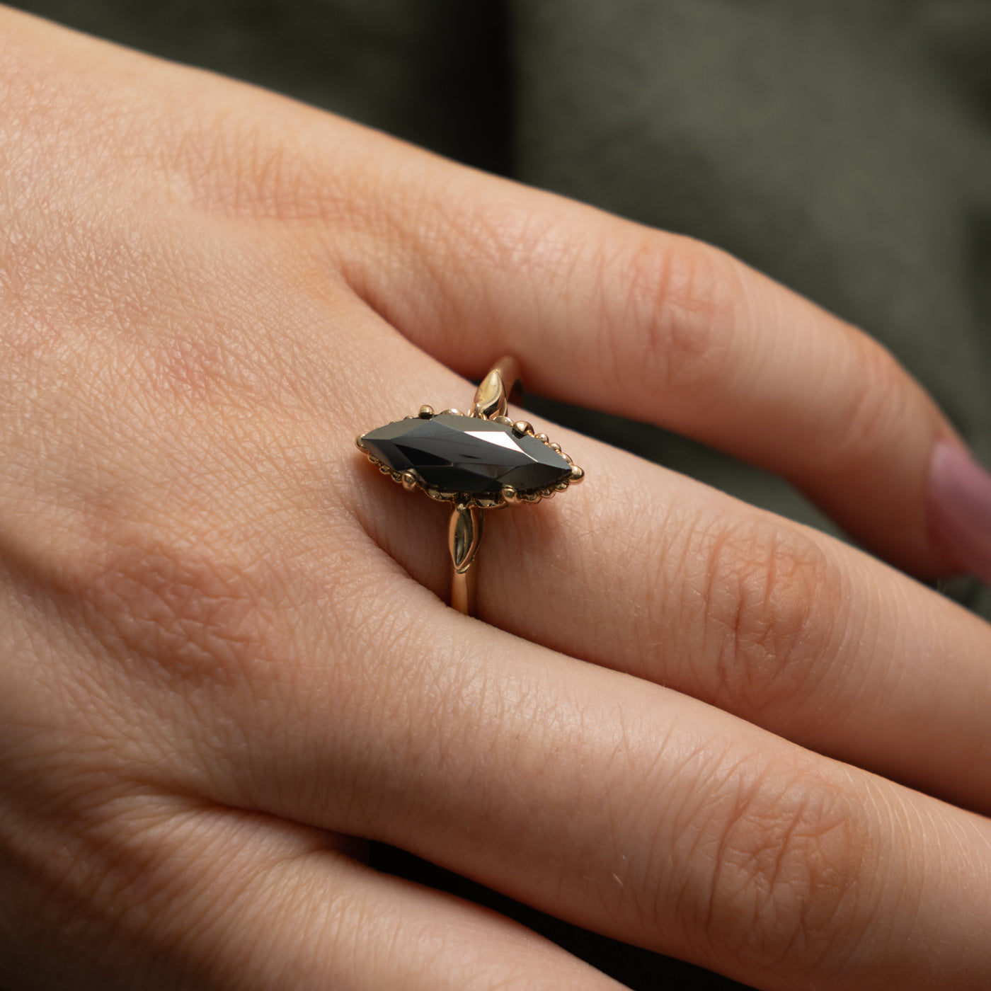 10k Marquise Cut Hematite Textured Ring | 2.30ct | SZ 9