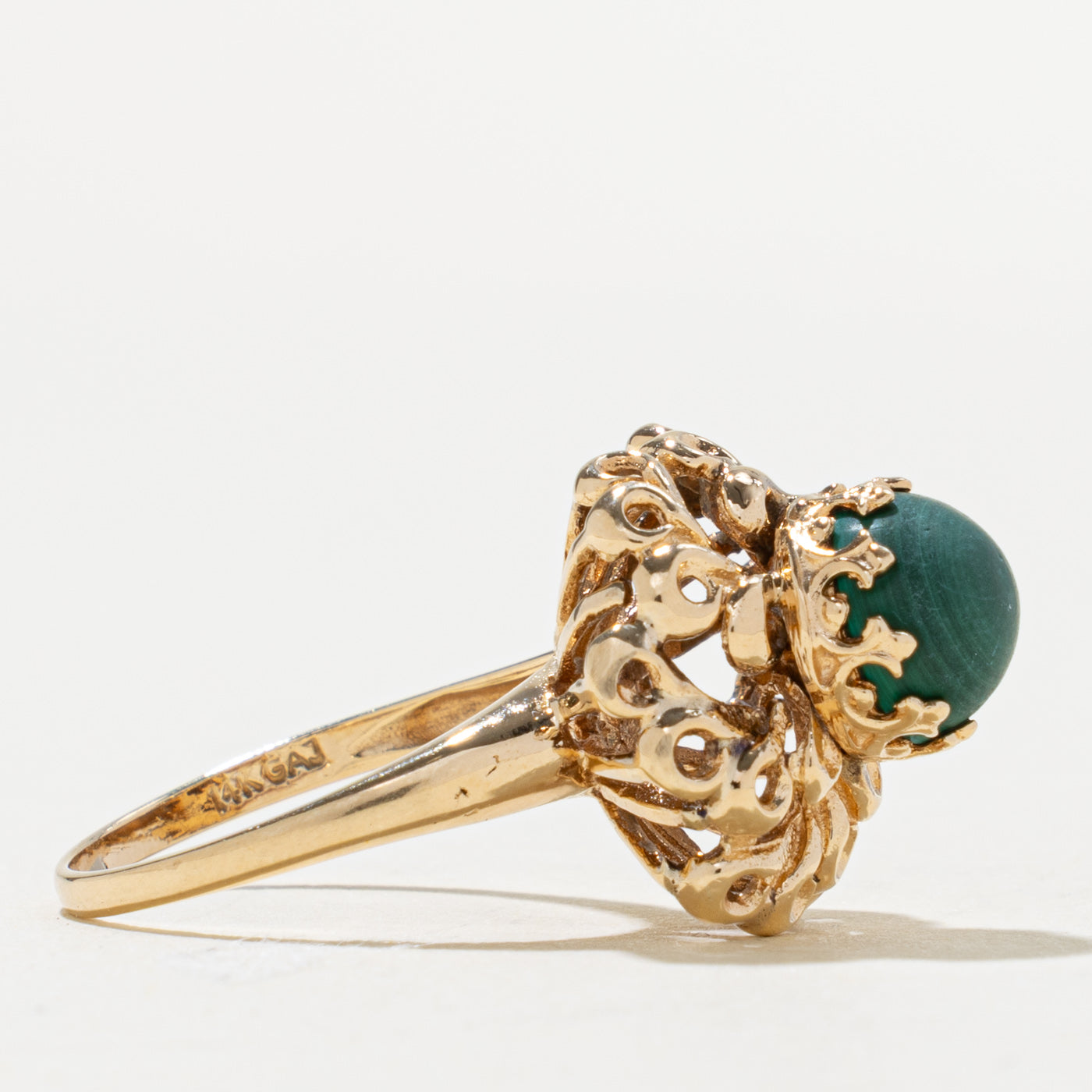 14k Malachite Ornate Floral Cocktail Ring | 3.00ct | SZ 6.75