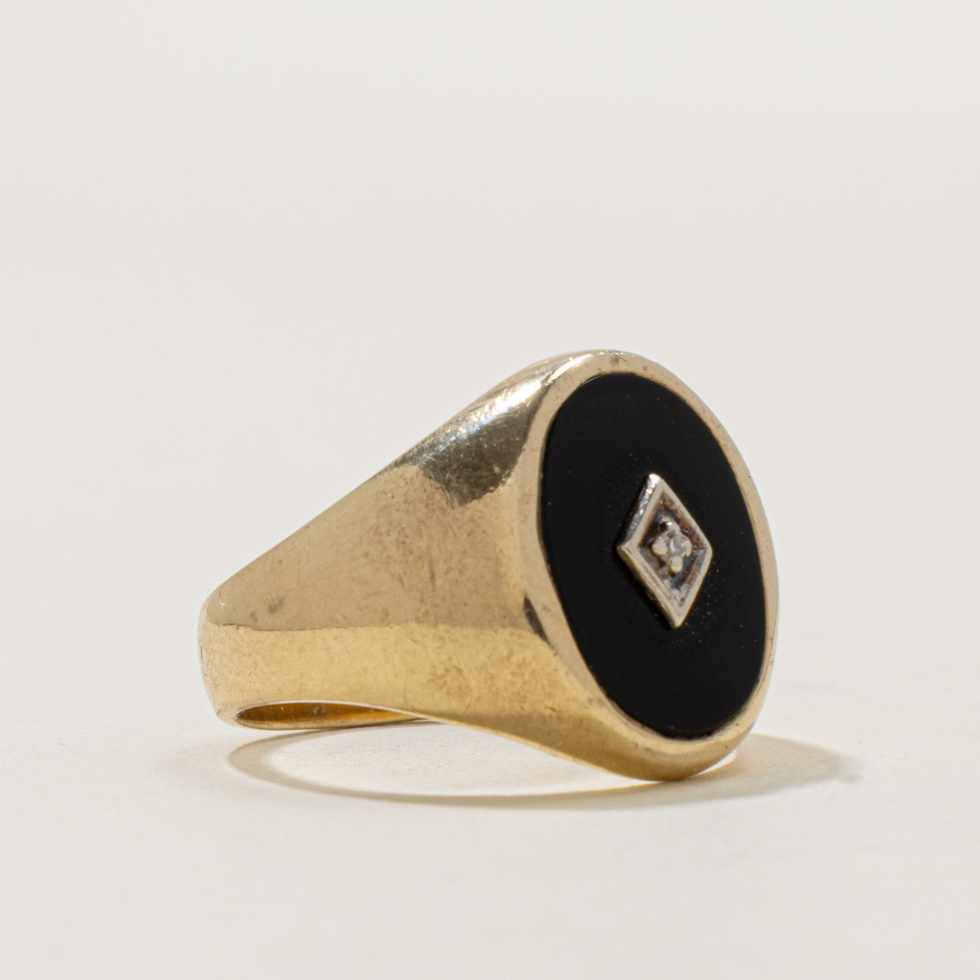 10k Oval Onyx & Diamond Accented Signet Ring | 3.50ct, 0.01ctw | SZ 10.25