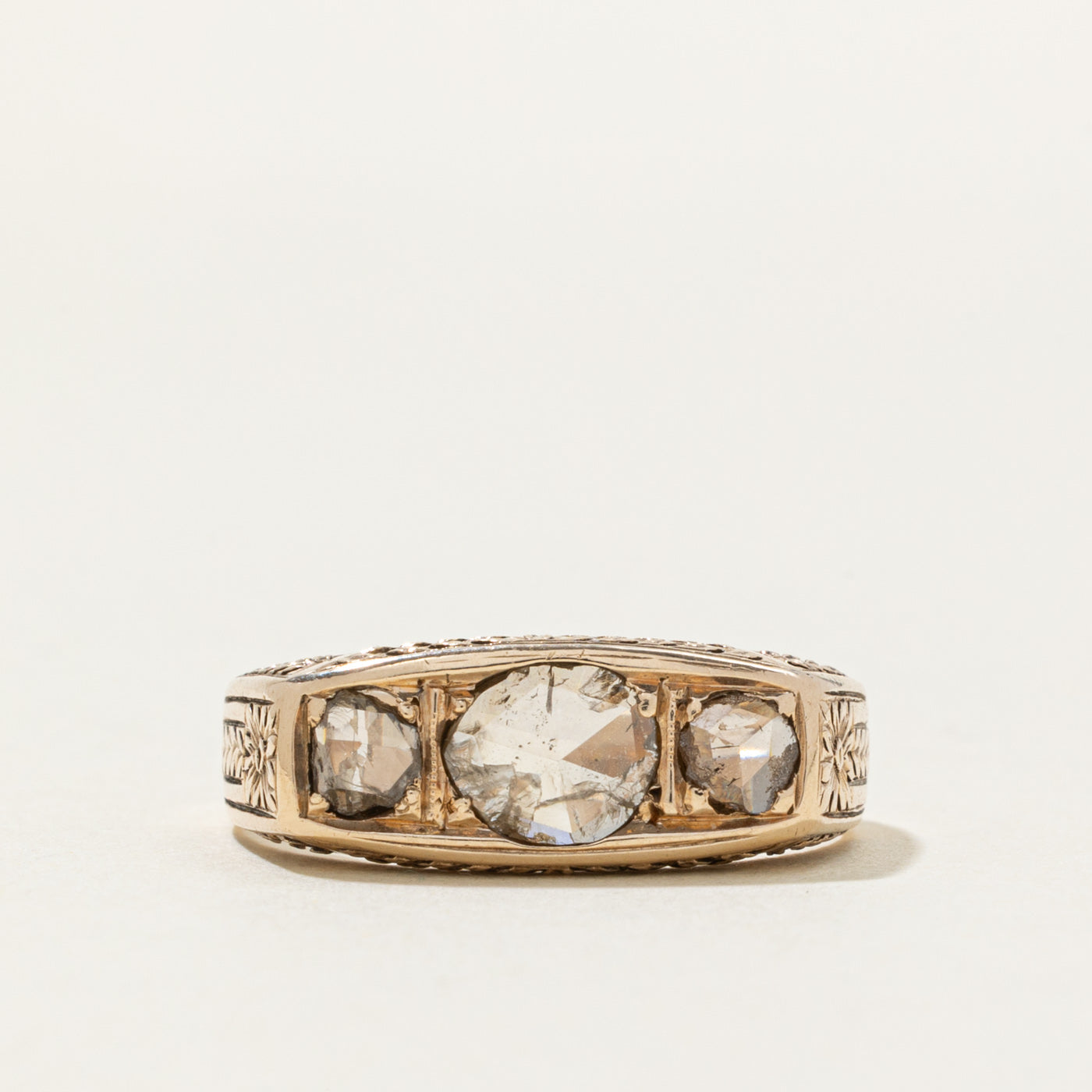 Antique Three Stone Diamond Floral Engraved Ring | 0.65 ctw | SZ 9