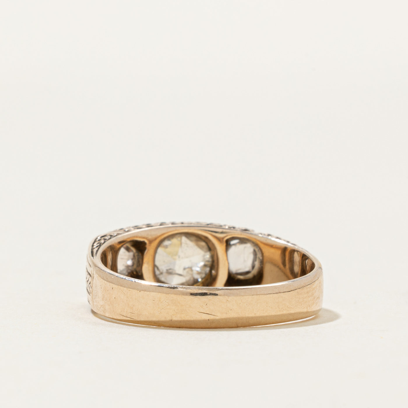 Antique Three Stone Diamond Floral Engraved Ring | 0.65 ctw | SZ 9