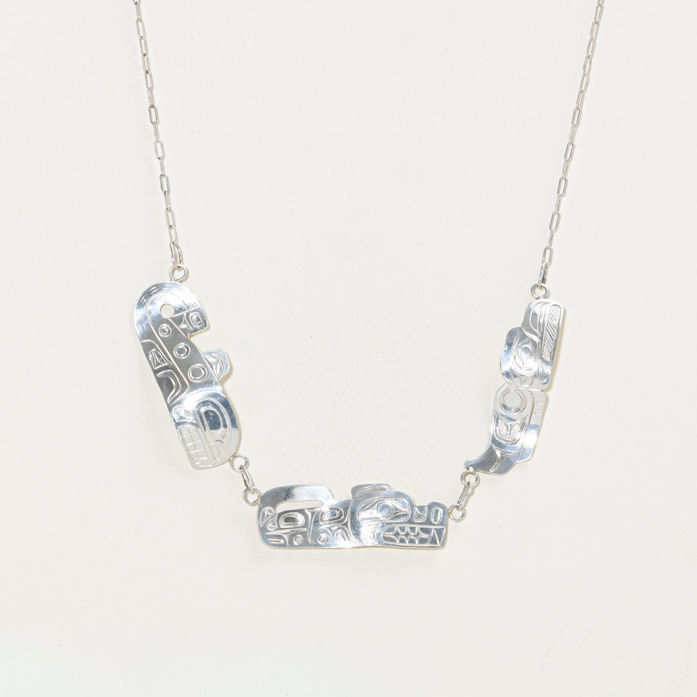 Sterling Silver Indigenous Carved Eagle & Wolf & Orca Necklace