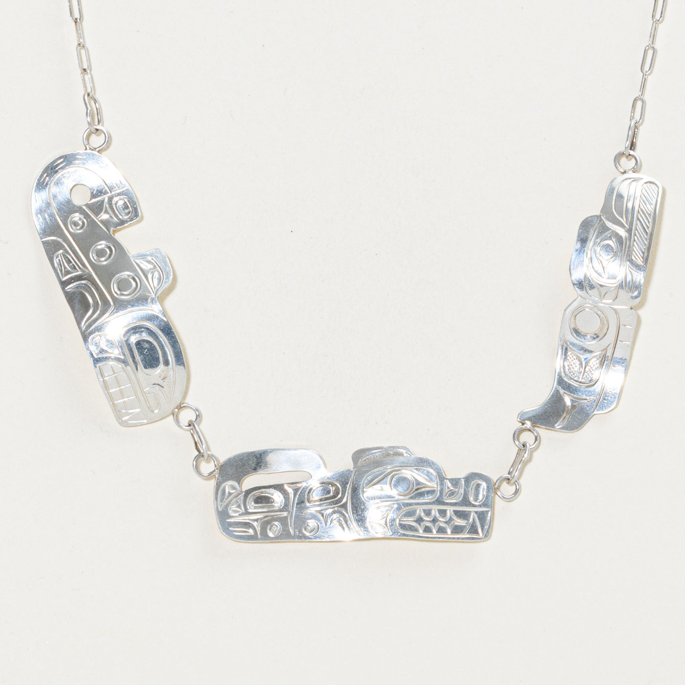 Sterling Silver Indigenous Carved Eagle & Wolf & Orca Necklace