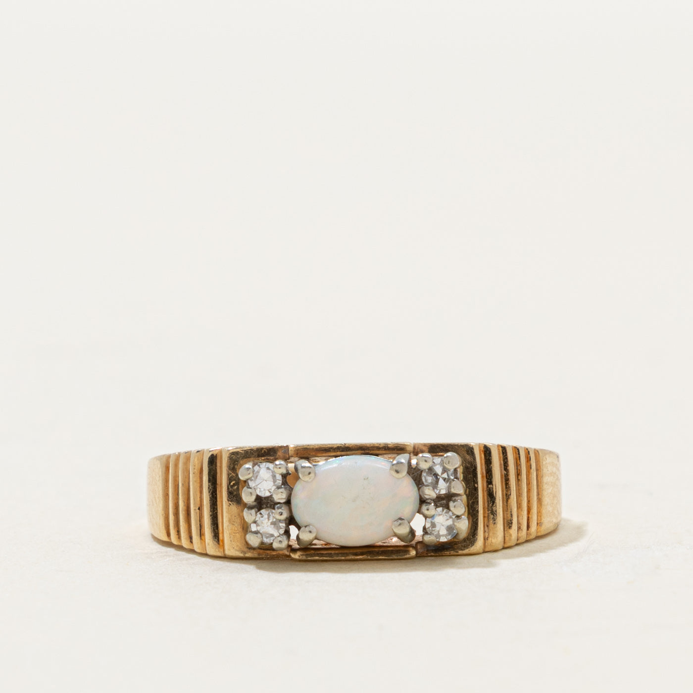 10k Opal & Diamond Grooved Ring | 0.25ct, 0.05ctw | SZ 8.25