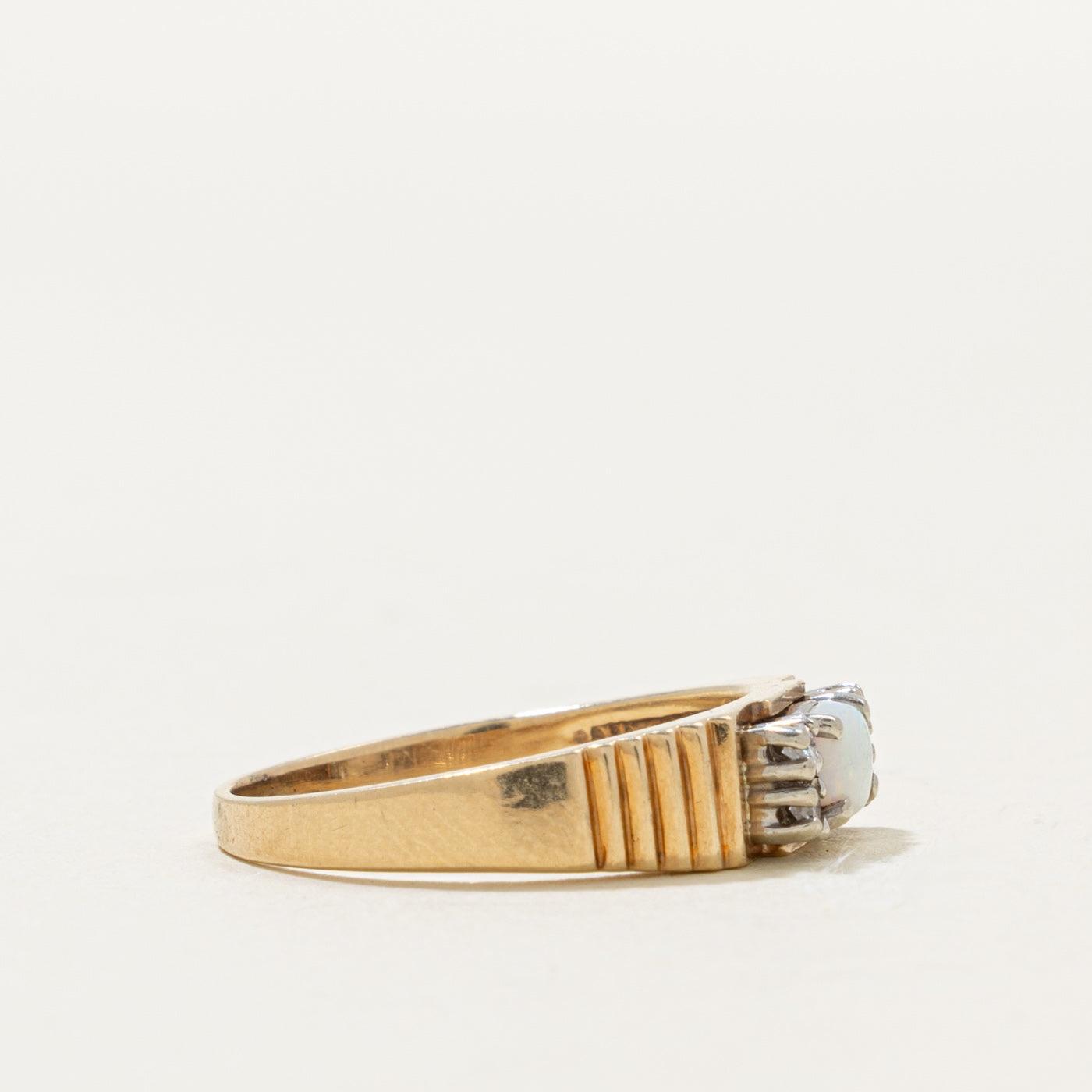 10k Opal & Diamond Grooved Ring | 0.25ct, 0.05ctw | SZ 8.25